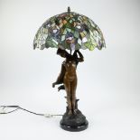 Beautiful classic Tiffany-style lamp with its unusual base of a representation female nude in brown