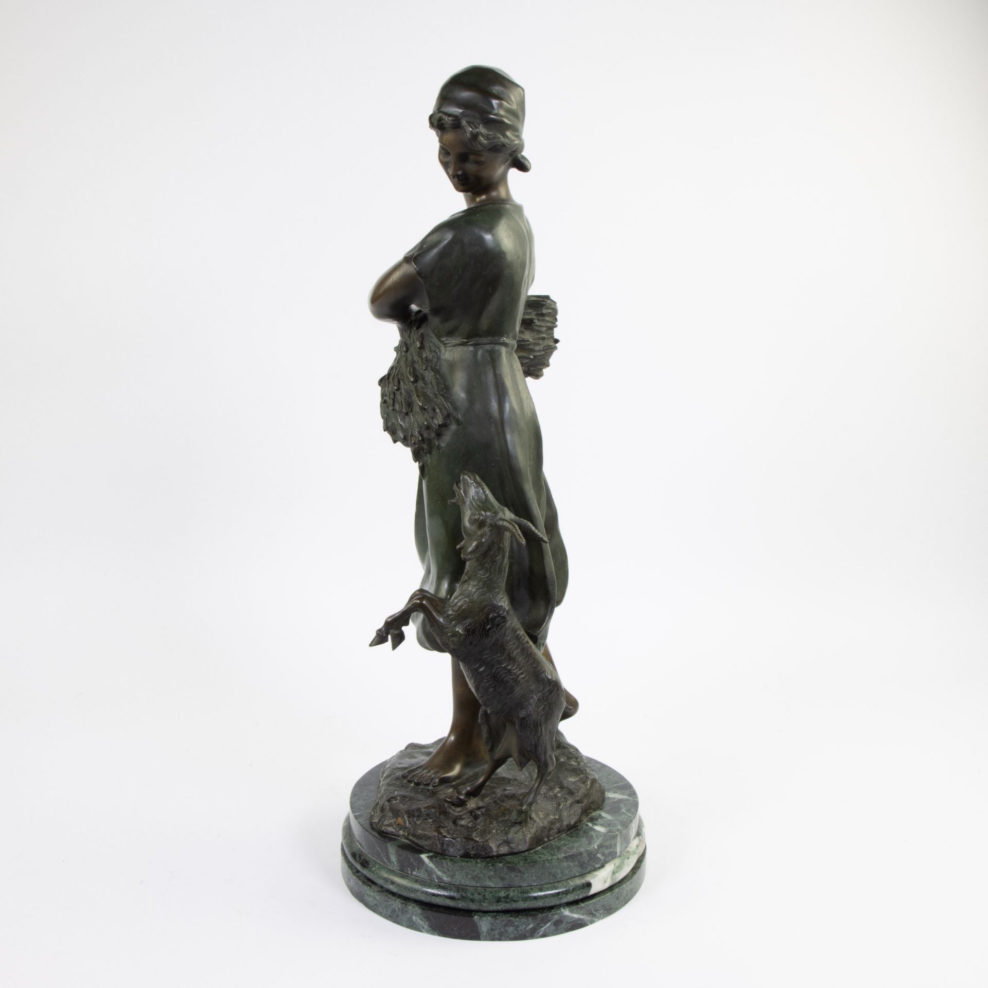 Bronze sculpture of a girl with buck, signed. - Image 2 of 5