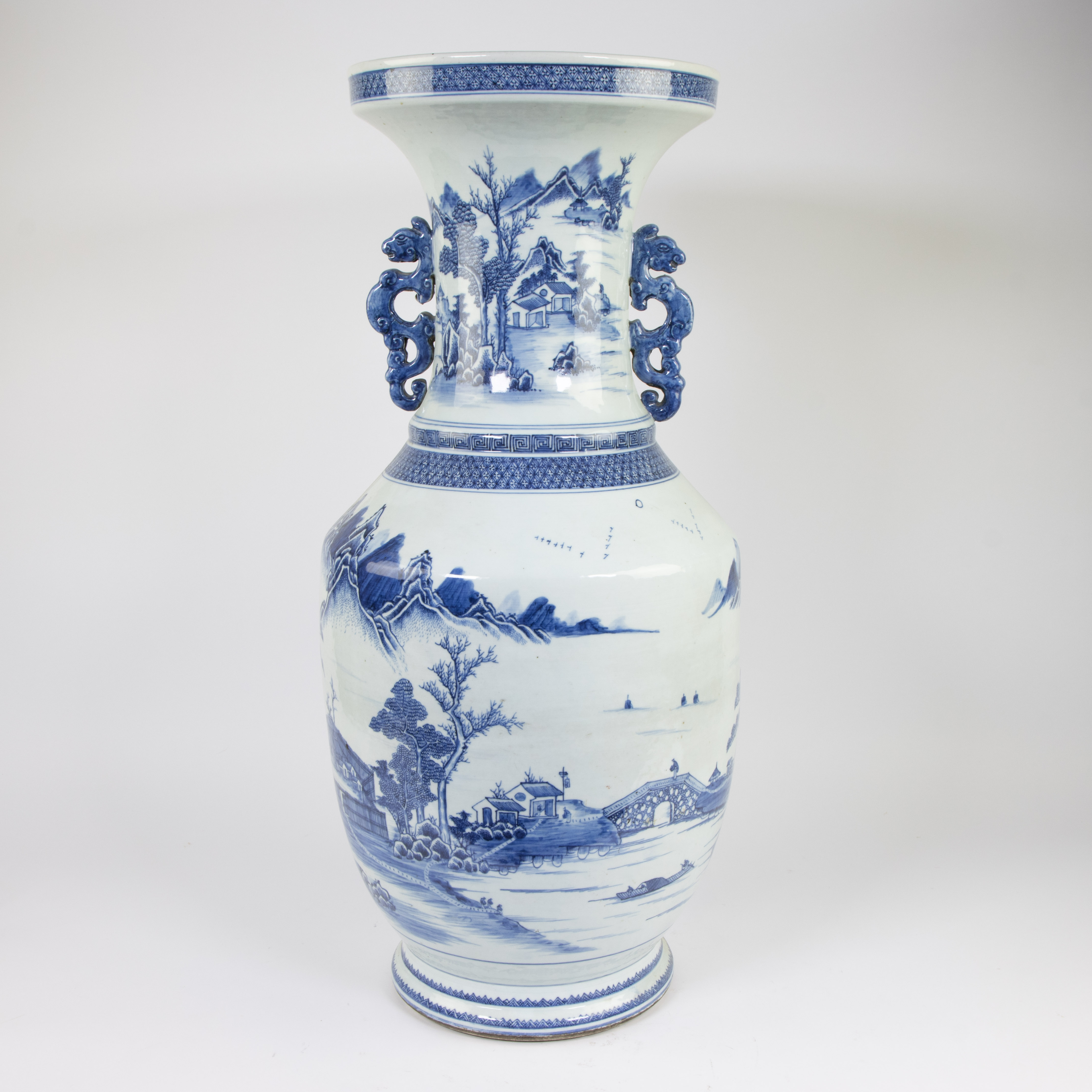 Large Chinese vase blue/white with floral mountain decor, late 19th century - Image 3 of 8