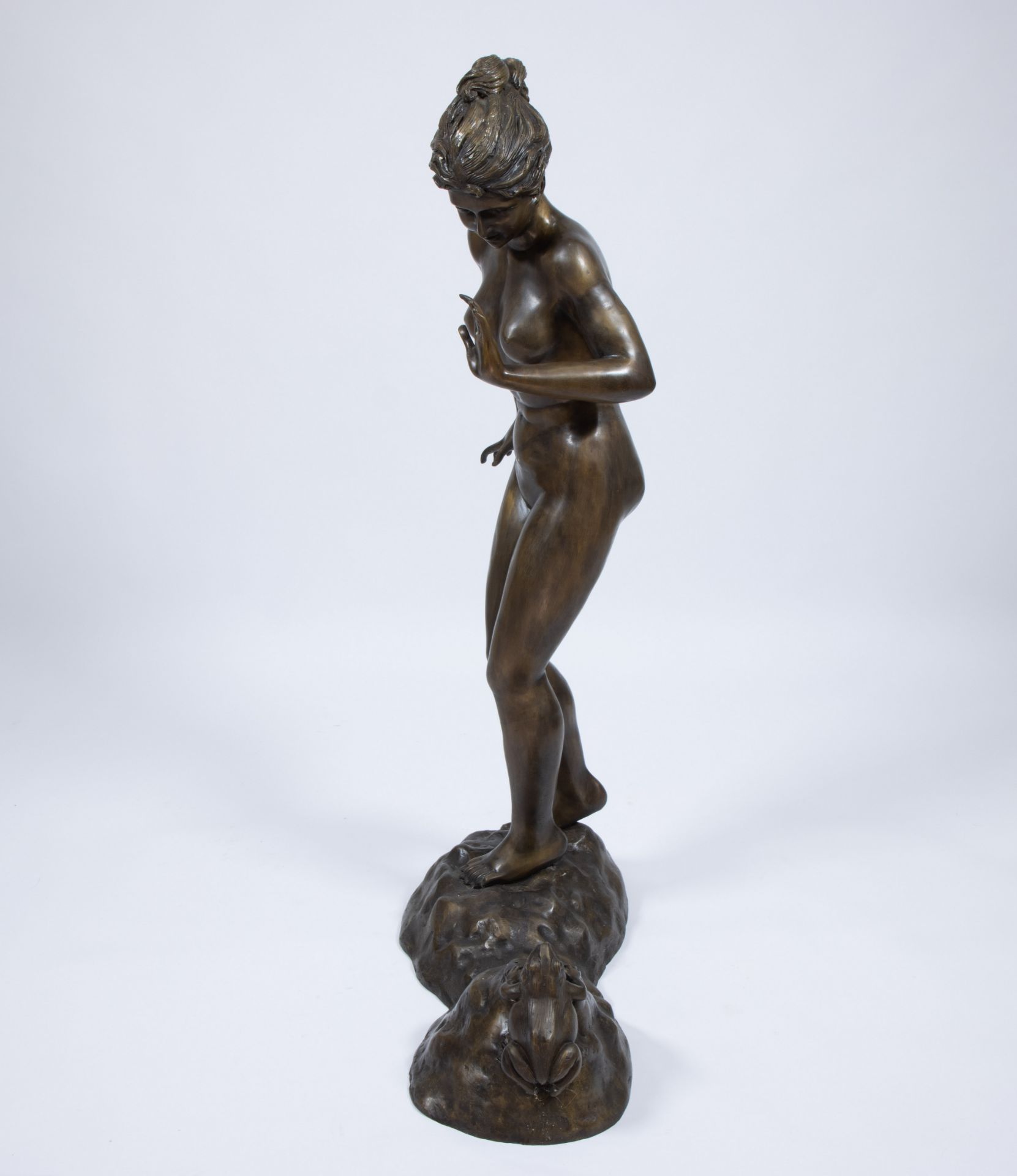 Exceptionally large brown patinated statue of nude woman with frog - Image 4 of 4