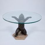 Vintage midcentury modern design coffee table with bronze child base and glass top. 1970s/80s
