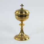 Finely engraved neo-Gothic chalice, base in gilt brass and chalice of silver with vermeille, French,