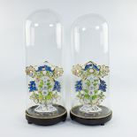 Pair glass globes with porcelain vases Vieux Paris with finely detailed flowers and gilt finish