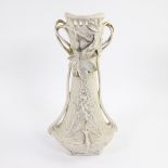 Naturalistic floral Art Nouveau ROYAL DUX vase with handles, marked