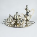 Silver coffee and tea set on silver platter, ivory handles, Empire, silver 835., Weight: 4,860 kg