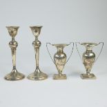 2 silver candlesticks and 2 silver ear vases, marked