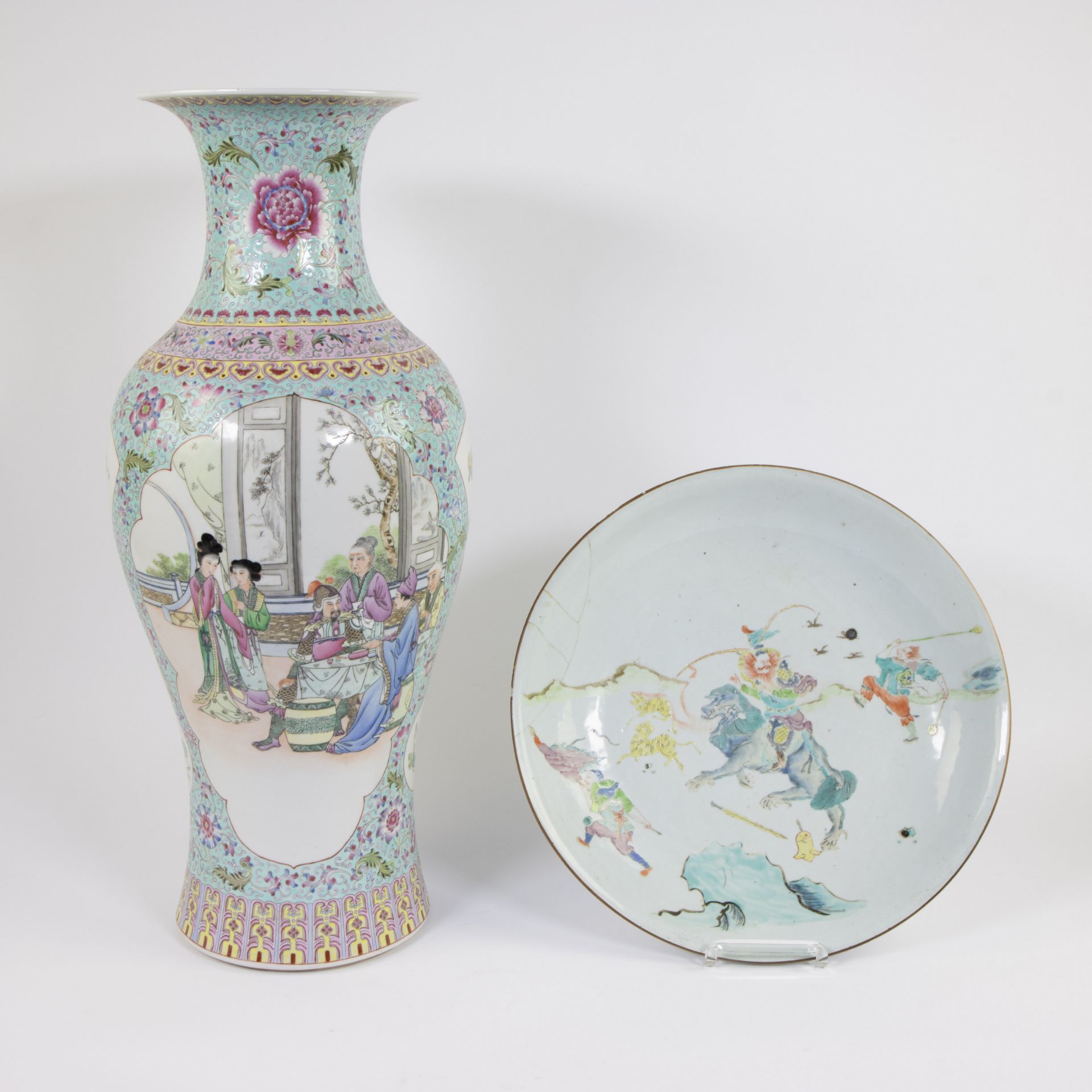 Collection of Chinese porcelain, baluster vase famille rose and 18th century plate with martial scen