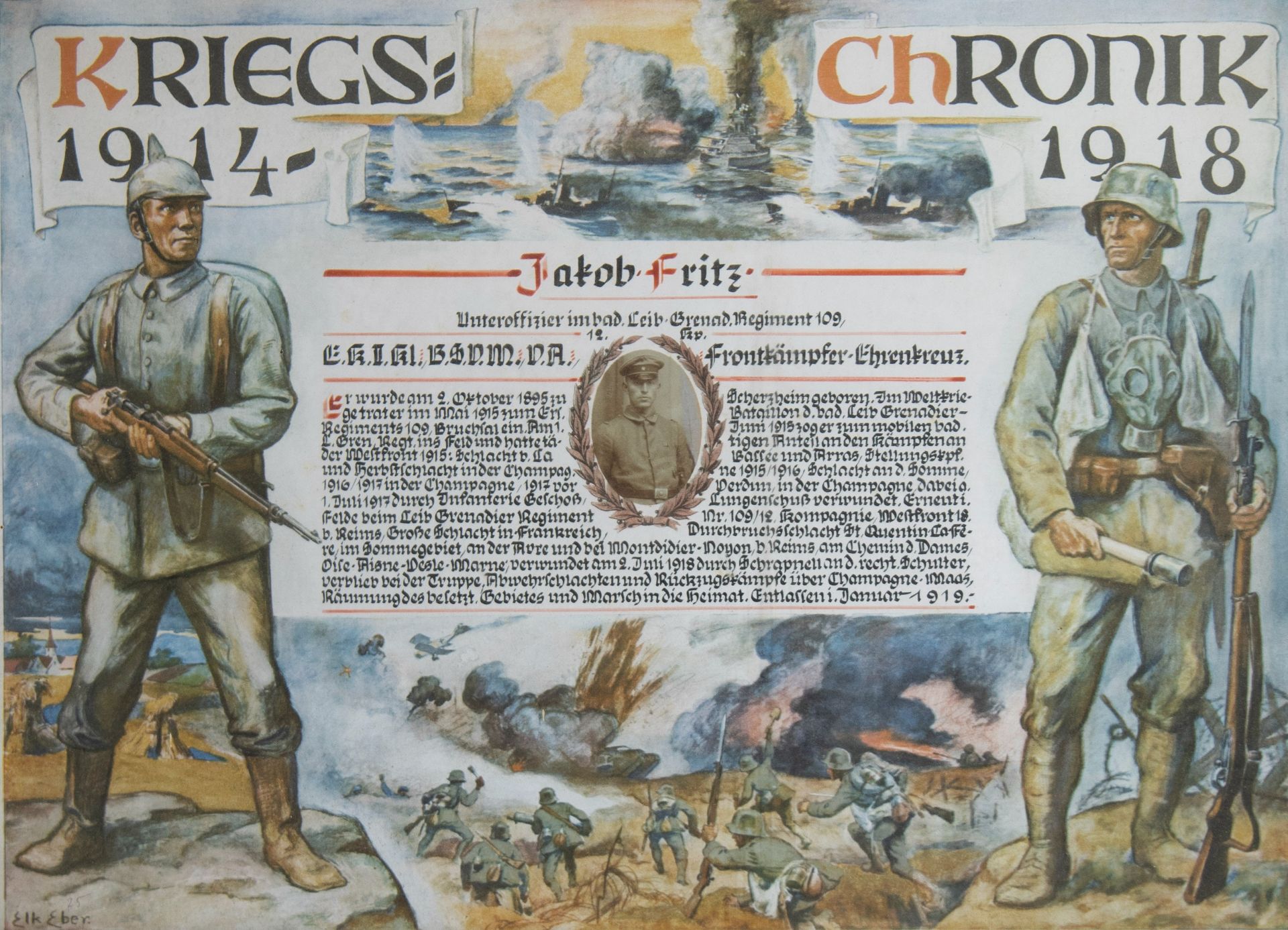 Multi-coloured certificate of non-commissioned officer Grenadiersregiment 109, Jakob Fritz born 1895