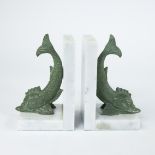 Max LE VERRIER (1891-1973), bronze bookends in the shape of dolphins or sea monsters, signed in the
