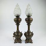 Pair of exceptional large 19th century brass oil lamps with flamed glass shade