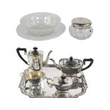 Beautifully cut crystal dish with bowl, bonbonnière with silver lid, marked 835 and silver-plate cof