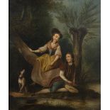 Oil on panel Romantic scene with dog, 18th century