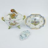 Collection of a soup terrine French circa 1800, South French ornamental plate circa 1800 and holy wa