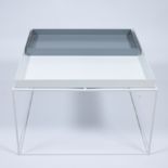 Design side table with removable top as a tray, powder-coated steel white and grey.