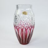 Val Saint Lambert purple and clear cut crystal vase, with original label