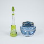 Val Saint Lambert green and colourless cut crystal decanter and blue and colourless cut crystal picq