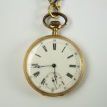 Gold pocket watch 18 Kt with finely engraved scene of rider with sulky, gewicht in goud alleen 26.5