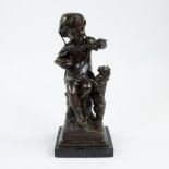 Bronze Little boy with begging cat, signed.