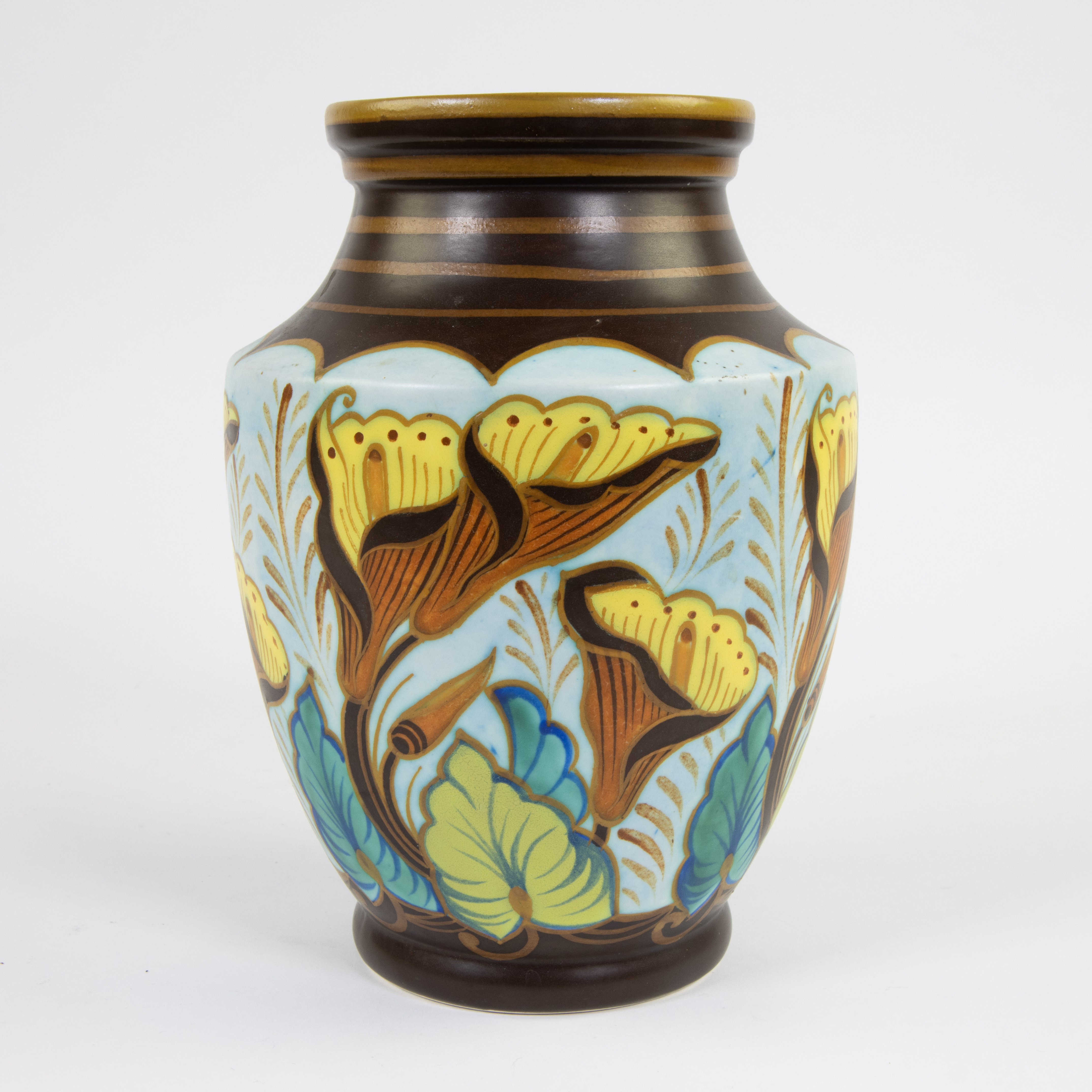 Boch Keramis Art deco vase with decoration of flowers of arums, model D.2064, polychrome glazed eart