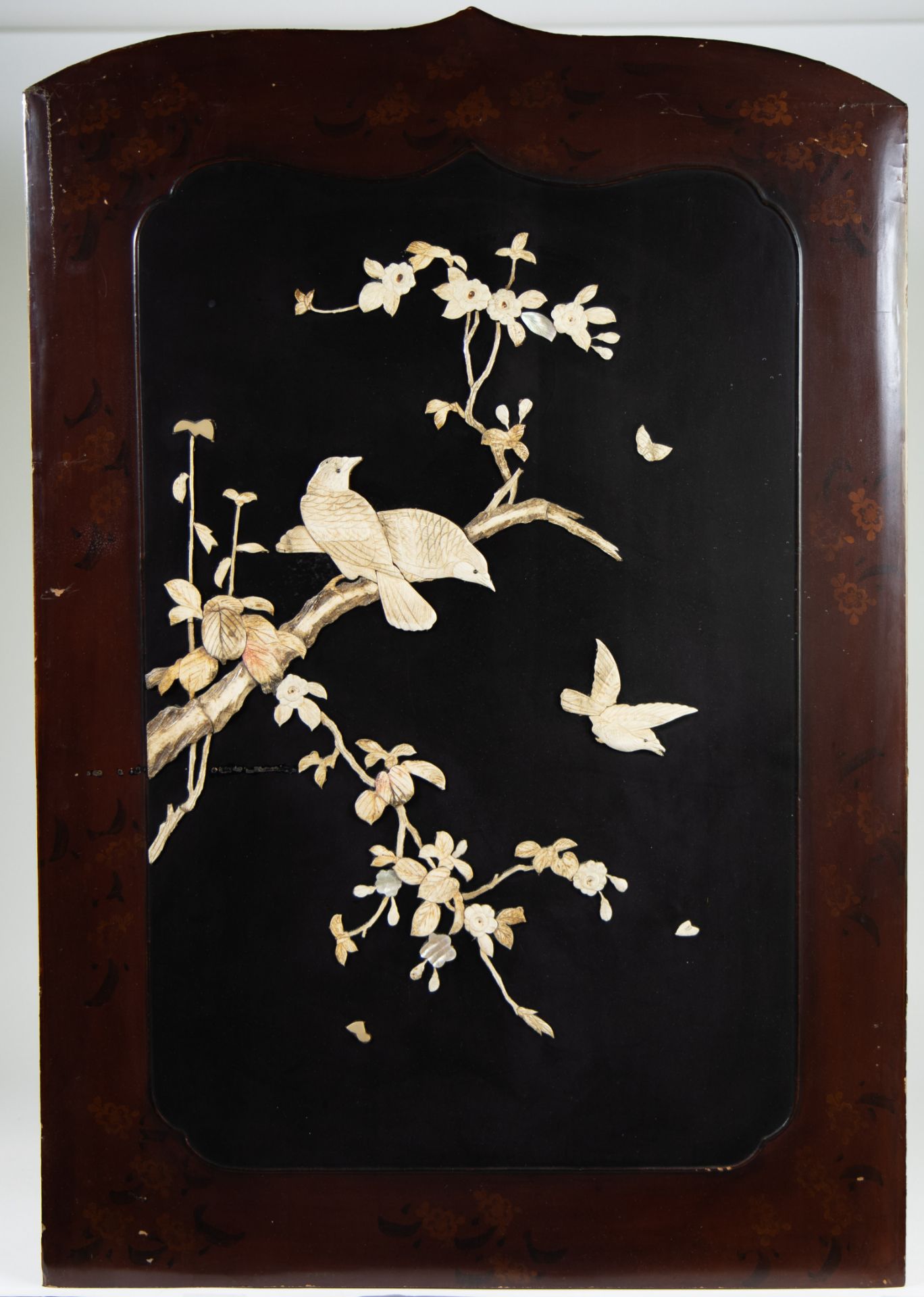 Japanese wooden panel with beautifully elaborate decor of blossoms and birds, Meiji period