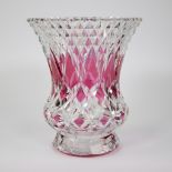 Val Saint Lambert heavy vase of colorless and pink cut crystal with diamond cut decor. Marked at the