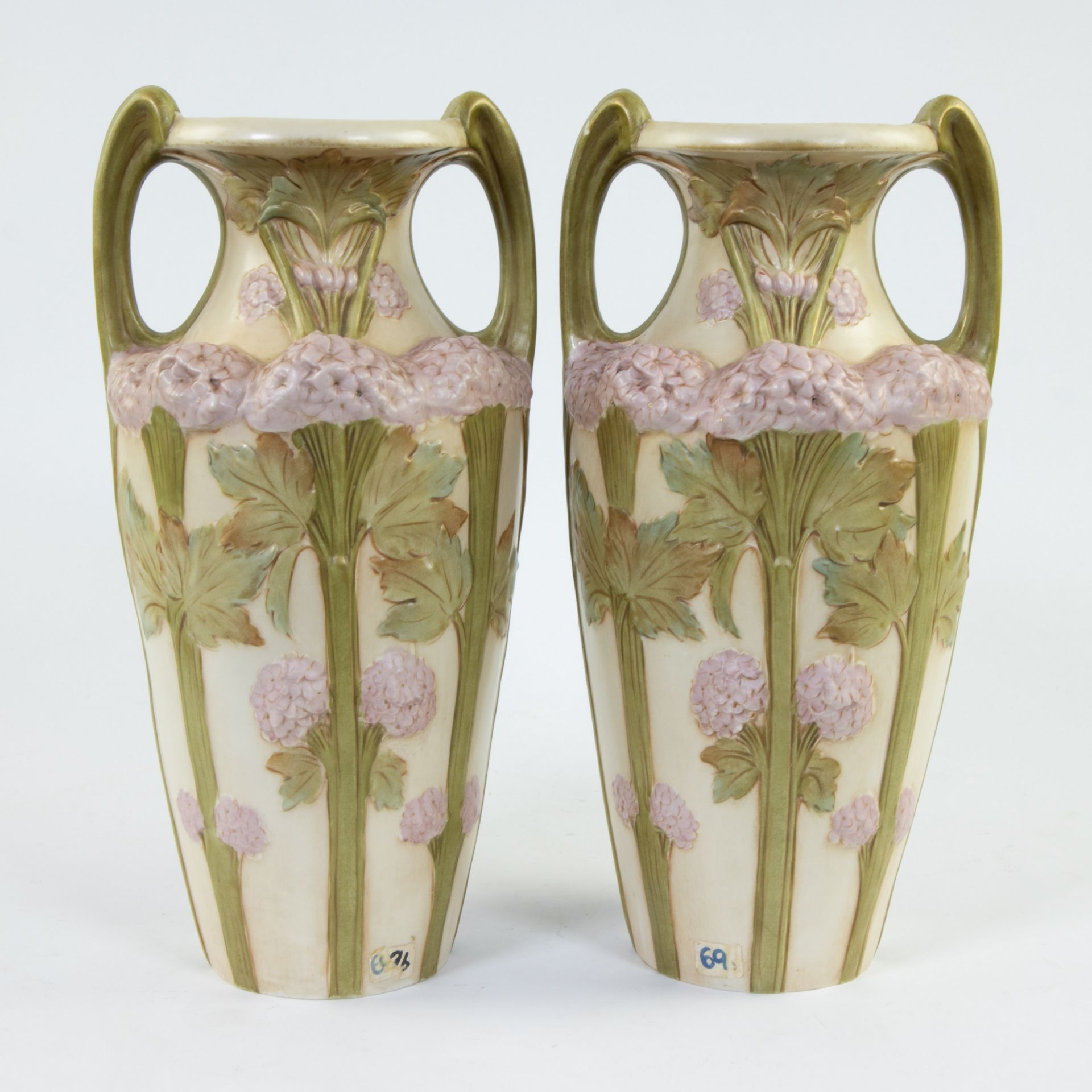 Pair of Art Nouveau Royal Dux vases with decor of stems with flowers, marked and a vide poche with d - Image 4 of 9