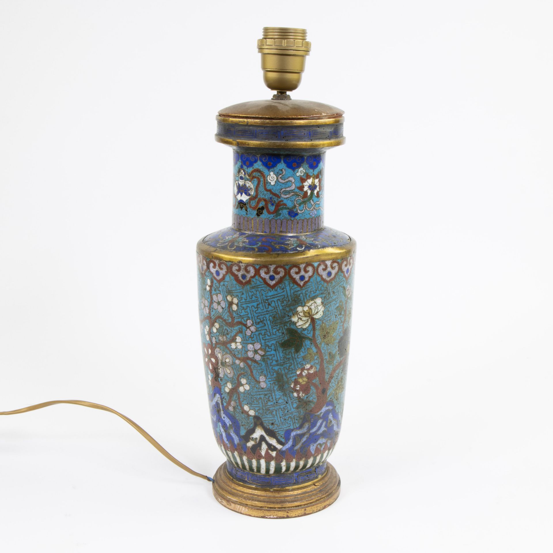Cloisonné rouleau vase (made into a lamp) with decoration of prunus blossom, lotus and flowering shr - Image 4 of 4
