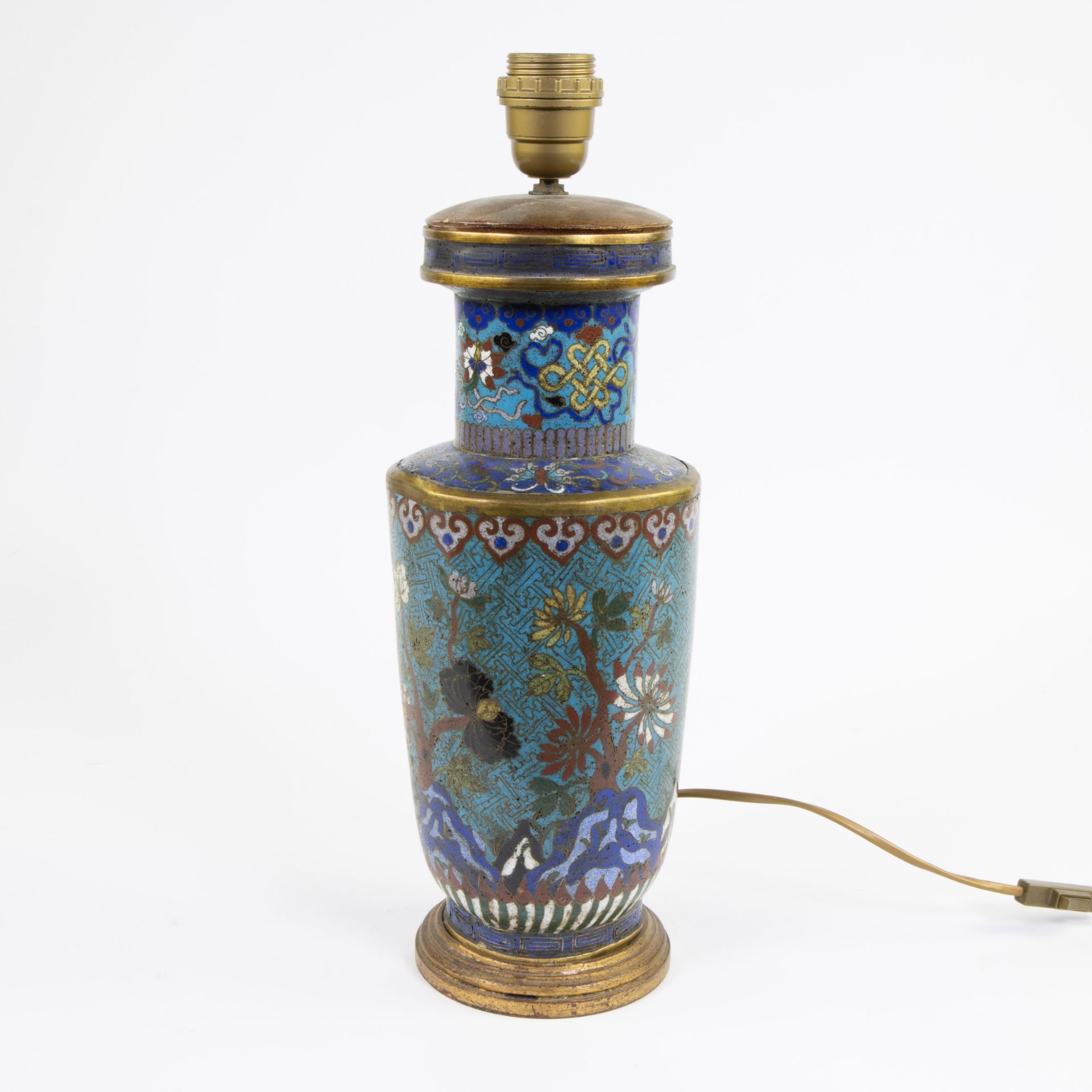 Cloisonné rouleau vase (made into a lamp) with decoration of prunus blossom, lotus and flowering shr