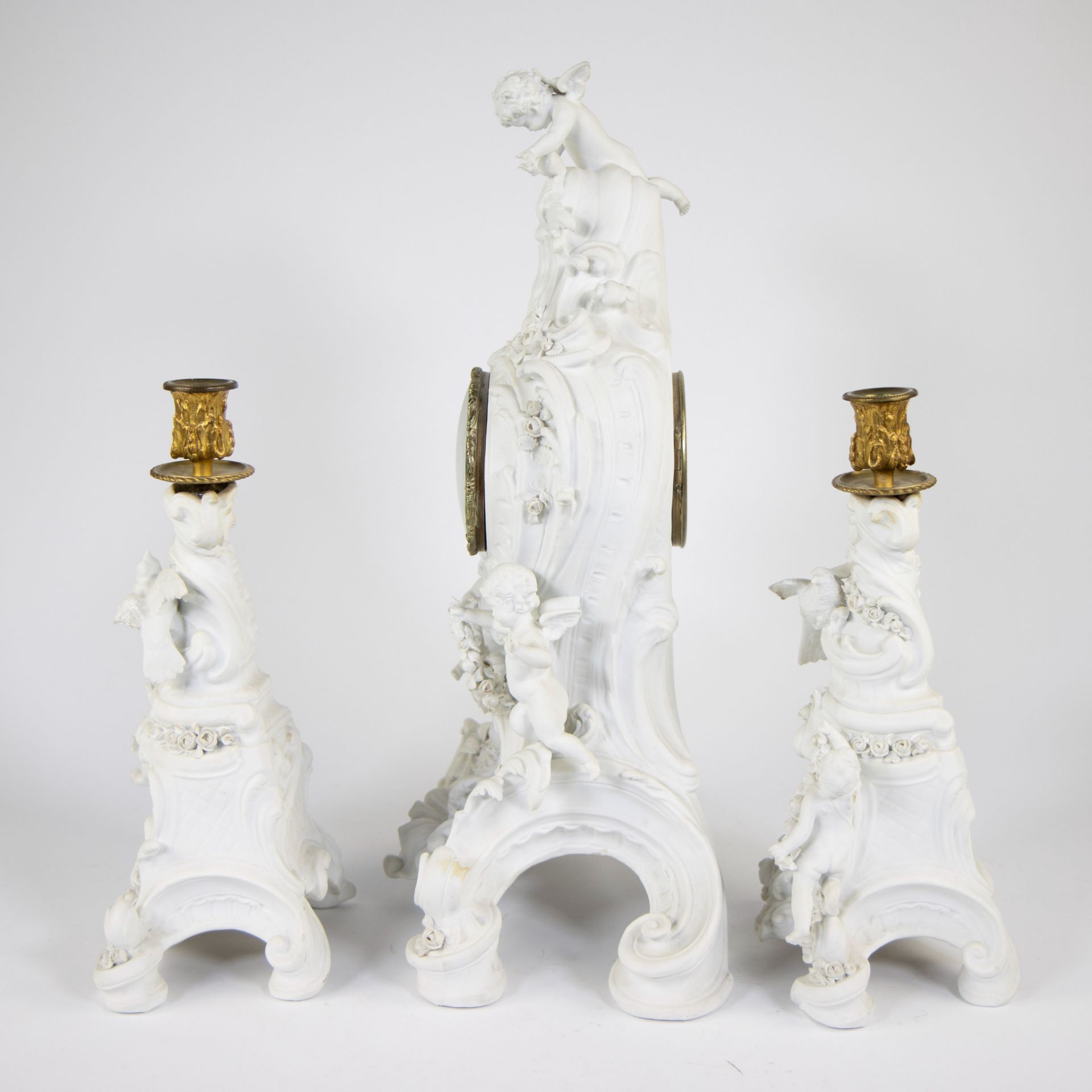 19th century large mantel clock with 2 candlesticks decorated with cherubs. Medal d'argent Marti & C - Image 2 of 5