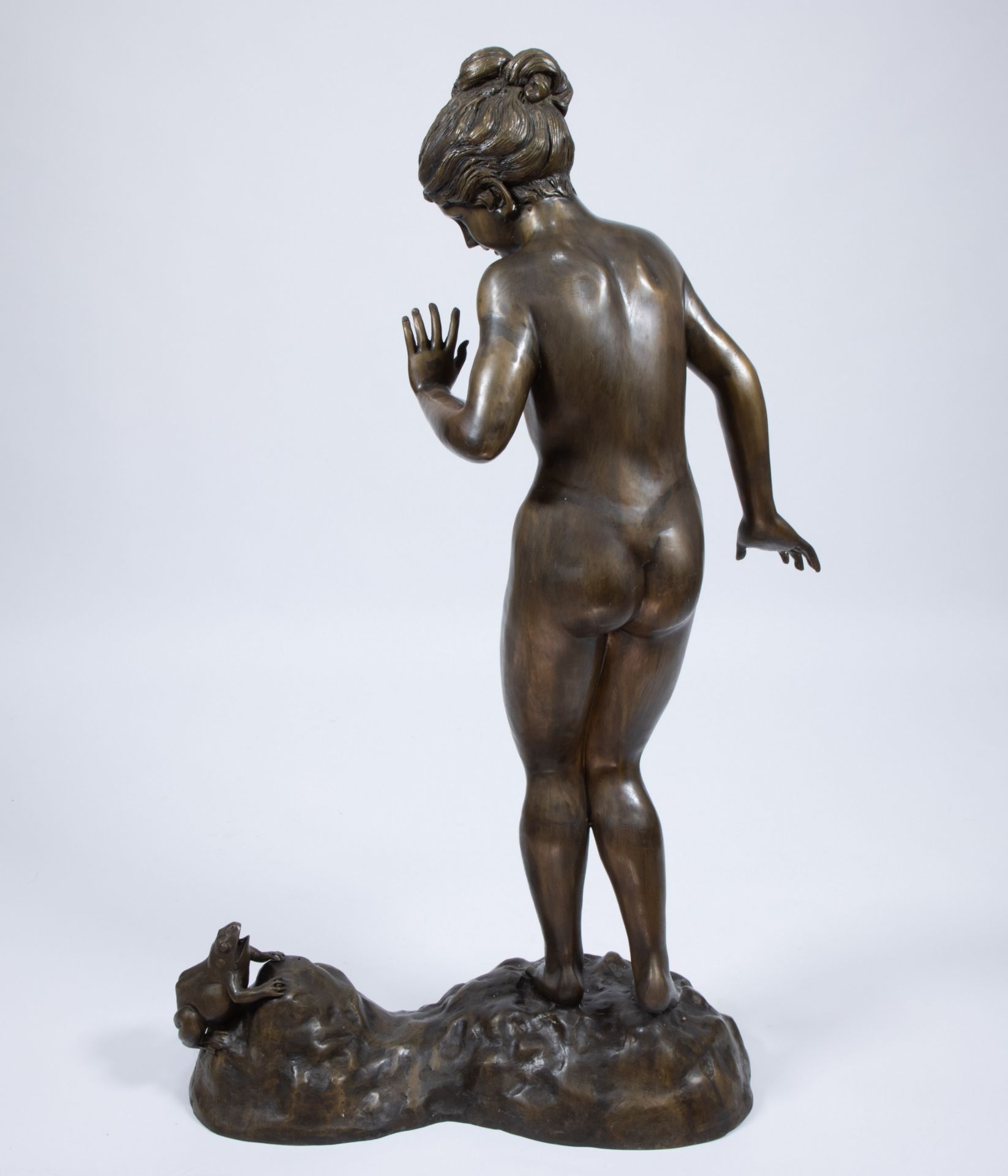 Exceptionally large brown patinated statue of nude woman with frog - Image 3 of 4