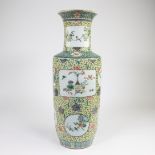 Famille verte rouleau vase with decor of valuables, birds and flowers