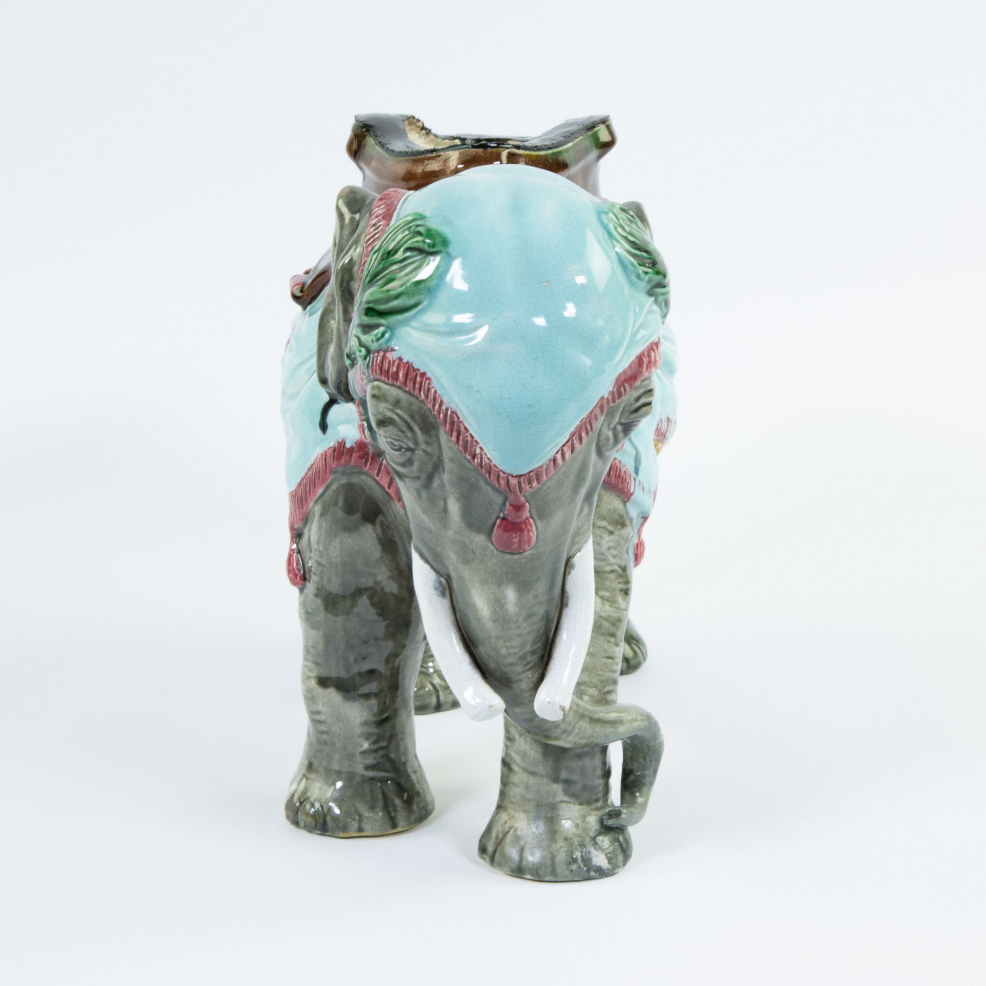 Antique barbotine elephant, majolica, jardinière, 1880-1900 - Image 5 of 7