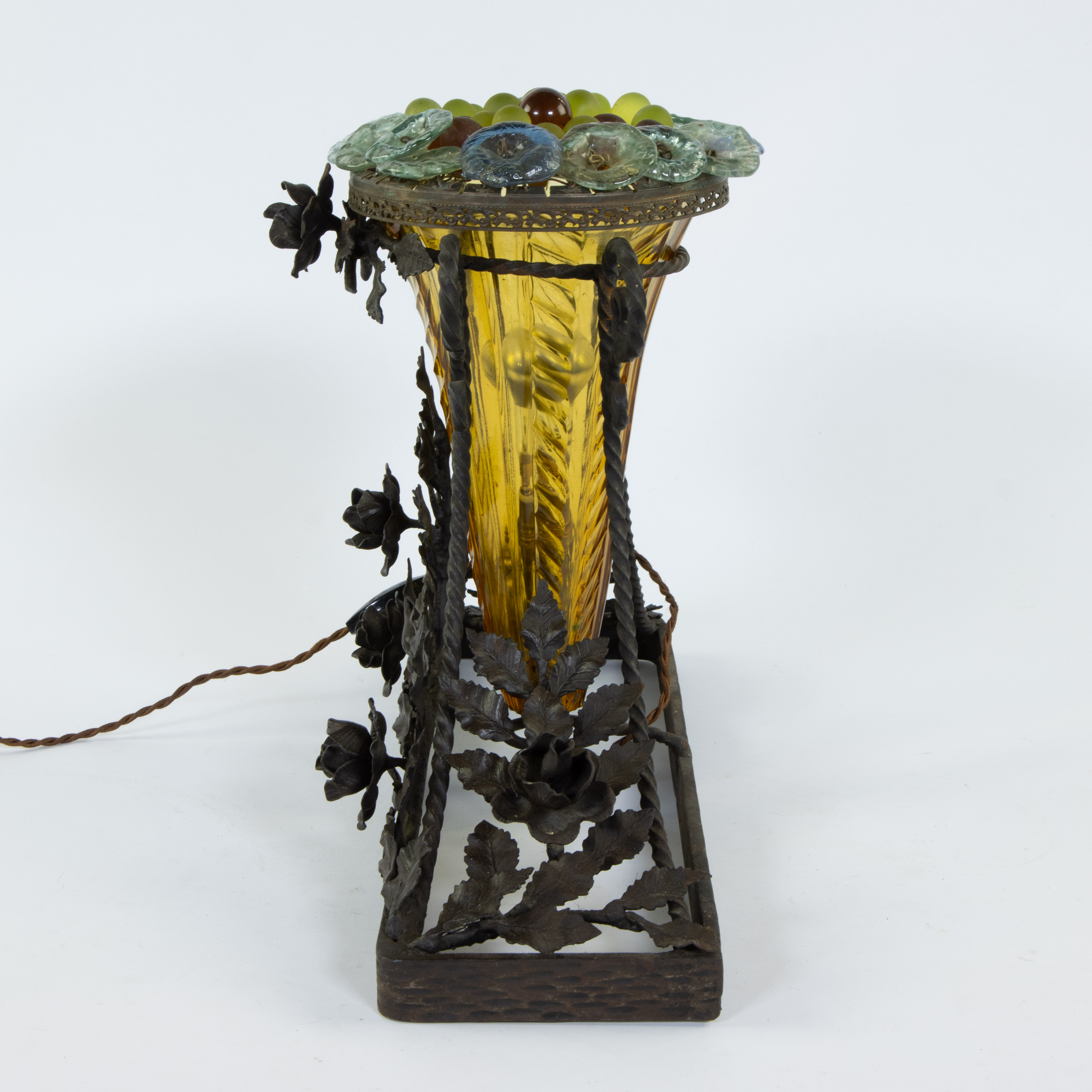 Yellow glass Art Deco vase as lamp in wrought iron frame decorated with leaves and floral motifs - Image 2 of 5