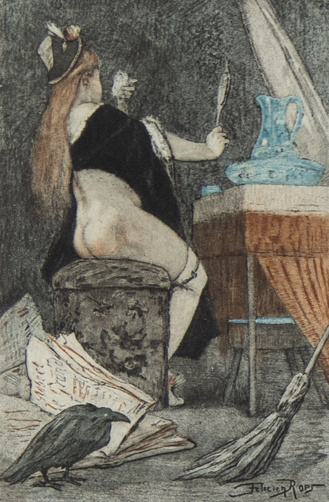 Félicien ROPS (1833-1898), colour engraving La petite sorcière, numbered 68/100, signed in the plate
