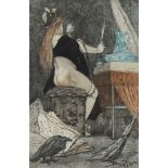 Félicien ROPS (1833-1898), colour engraving La petite sorcière, numbered 68/100, signed in the plate