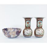Japanese Imari, a bowl and a pair of vases