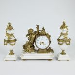 French 19th century mantel clock style Louis XVI with 2 matching ornamental vases in white marble an