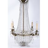 A sac-à-perles chandelier in copper and crystal