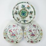 3 Chinese plates 18th century, one famille verte and 2 famille rose Qianlong