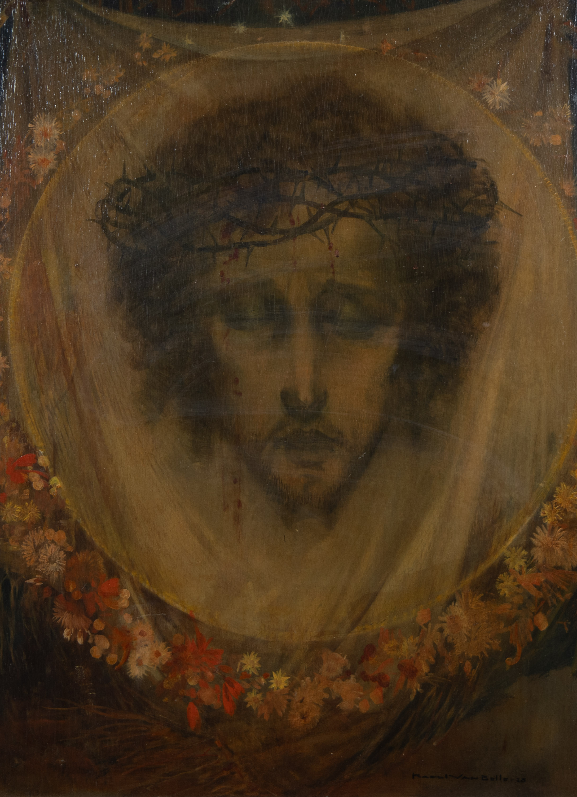Karel VAN BELLE (1884-1959), oil on panel (2) Young lady with hoop skirt and Christ with crown of th - Image 3 of 8