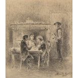 Xavier DE COCK (1818-1896), drawing, Domestic scene, drawn and dated 1845