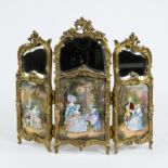 19th century small ornamental paravent with cut mirror glass and decorated with romantic scenes