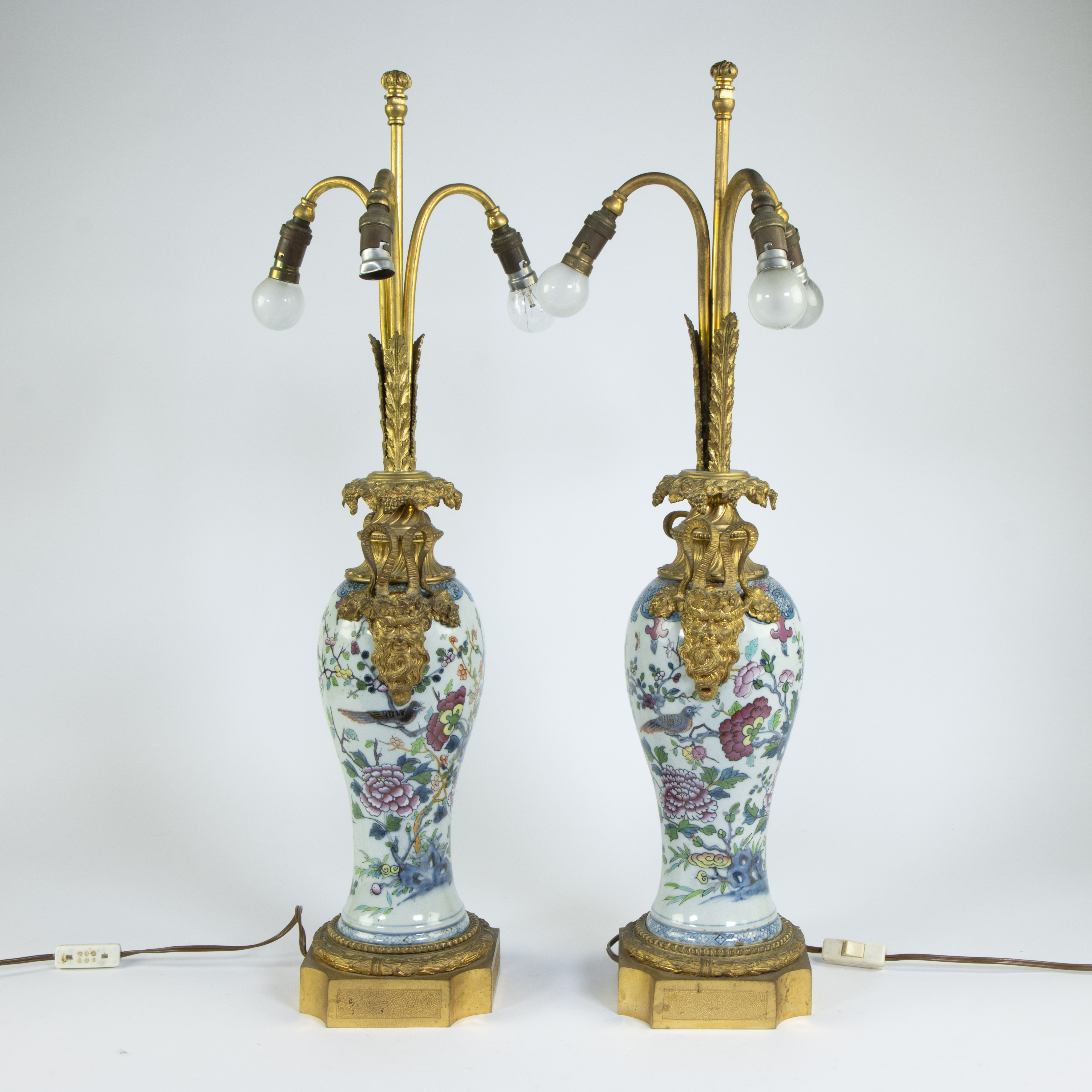 Pair of Chinese famille rose vases transformed into lampadaires with gilt bronze mounts, 19th centur - Image 4 of 4