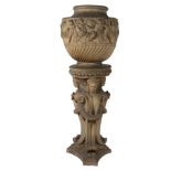 Impressive garden vase with decoration of cherubs on a caryatid column, Italy, 20th century