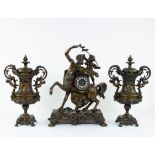 3-piece mantelpiece with clock in the shape of a centaur with child and 2 ornamental vases
