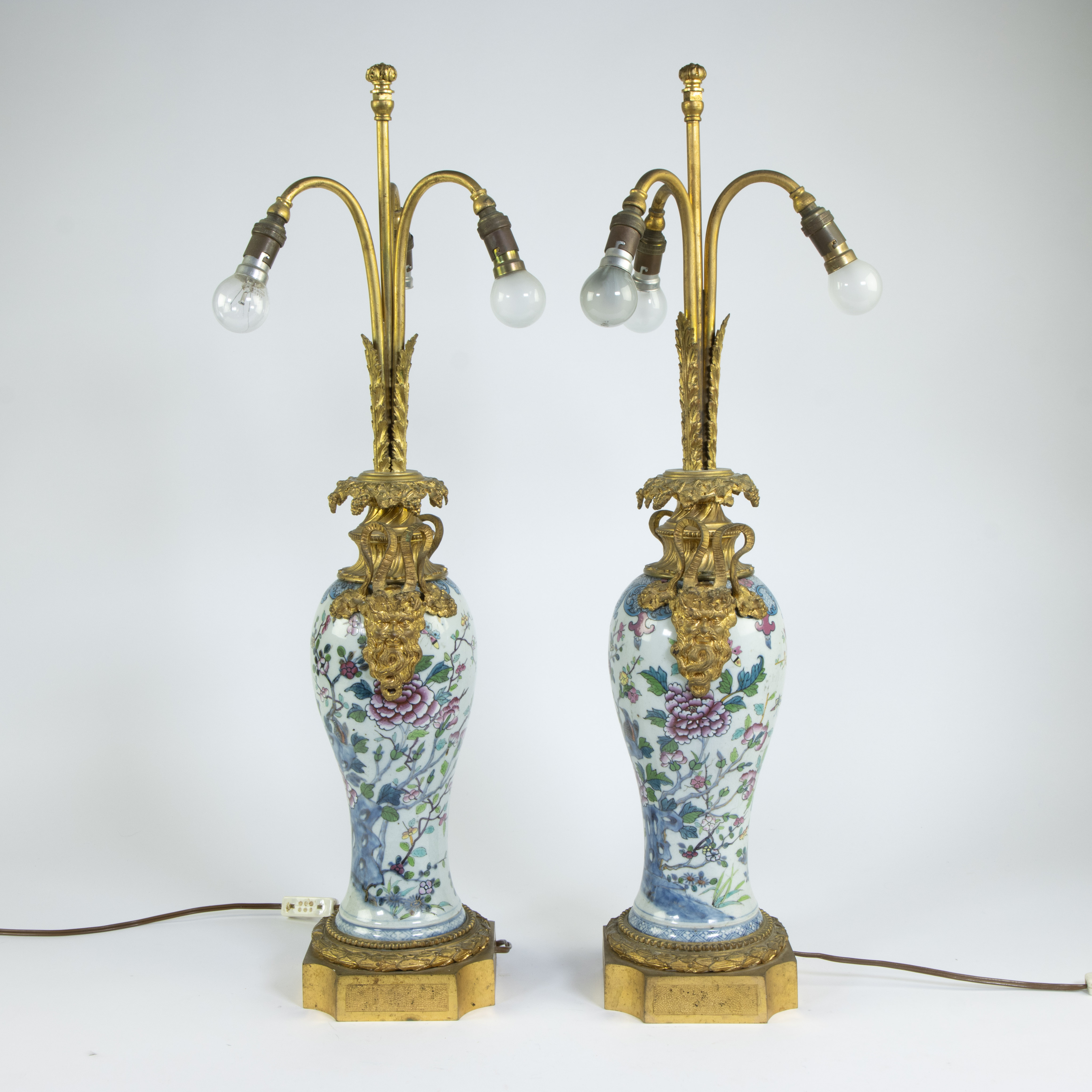 Pair of Chinese famille rose vases transformed into lampadaires with gilt bronze mounts, 19th centur - Image 2 of 4