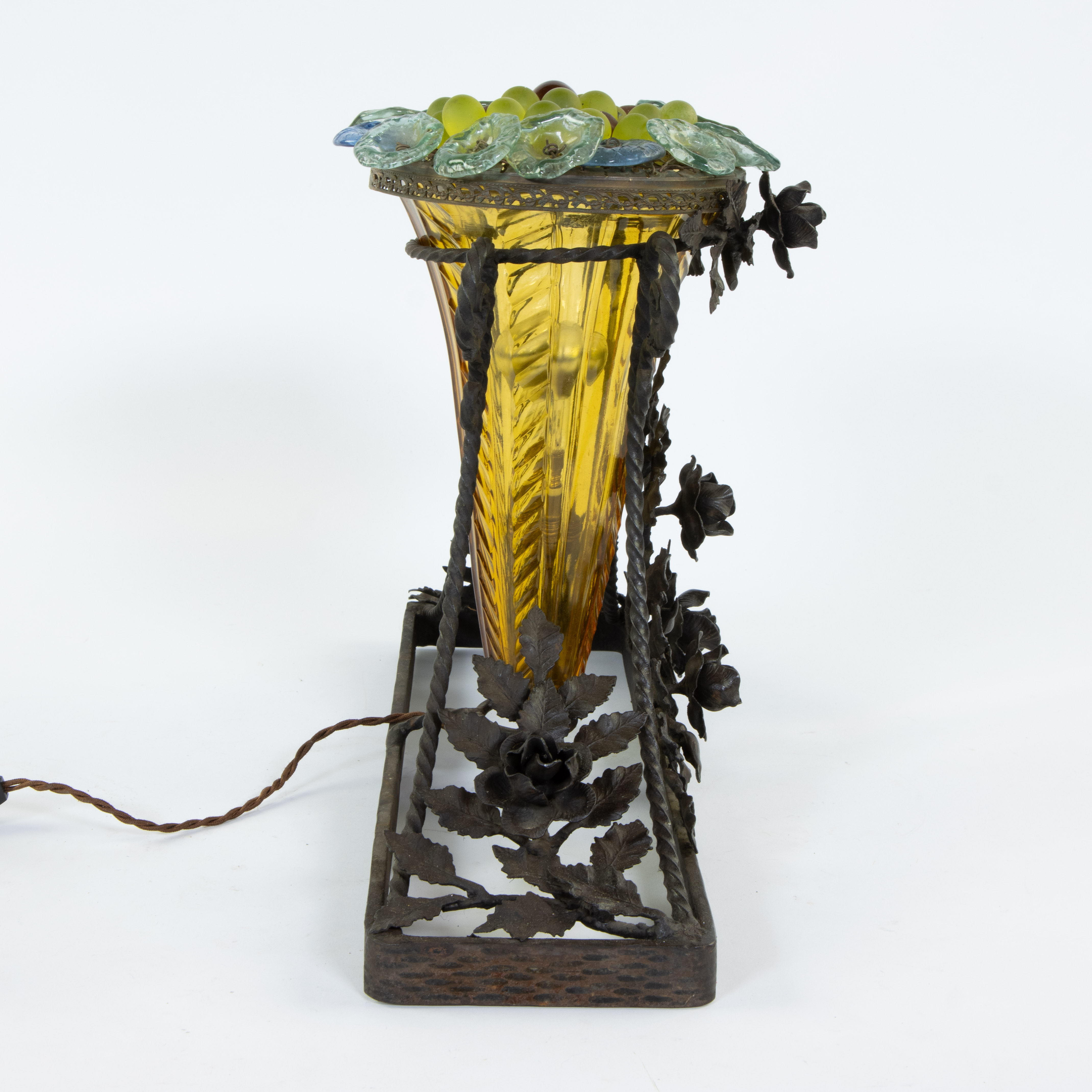 Yellow glass Art Deco vase as lamp in wrought iron frame decorated with leaves and floral motifs - Image 4 of 5