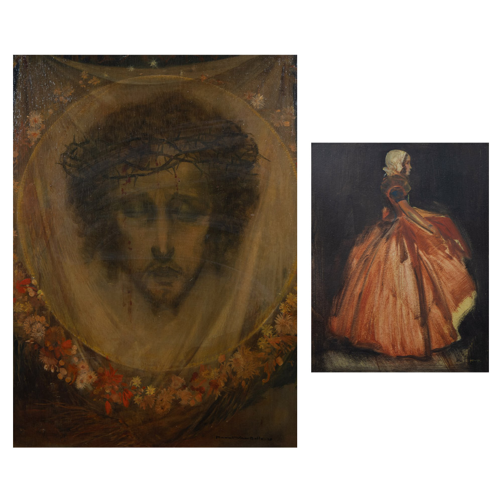 Karel VAN BELLE (1884-1959), oil on panel (2) Young lady with hoop skirt and Christ with crown of th