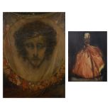 Karel VAN BELLE (1884-1959), oil on panel (2) Young lady with hoop skirt and Christ with crown of th