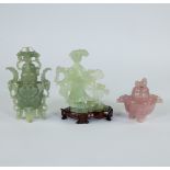 3 Chinese figurines in serpentine (2) and pink quartz